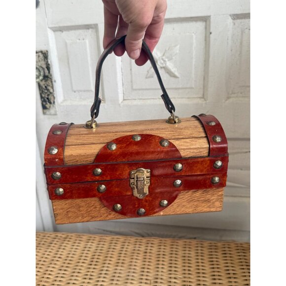 Vintage 50's Mr R Wood Leather Box Purse Treasure Chest - Picture 3 of 16